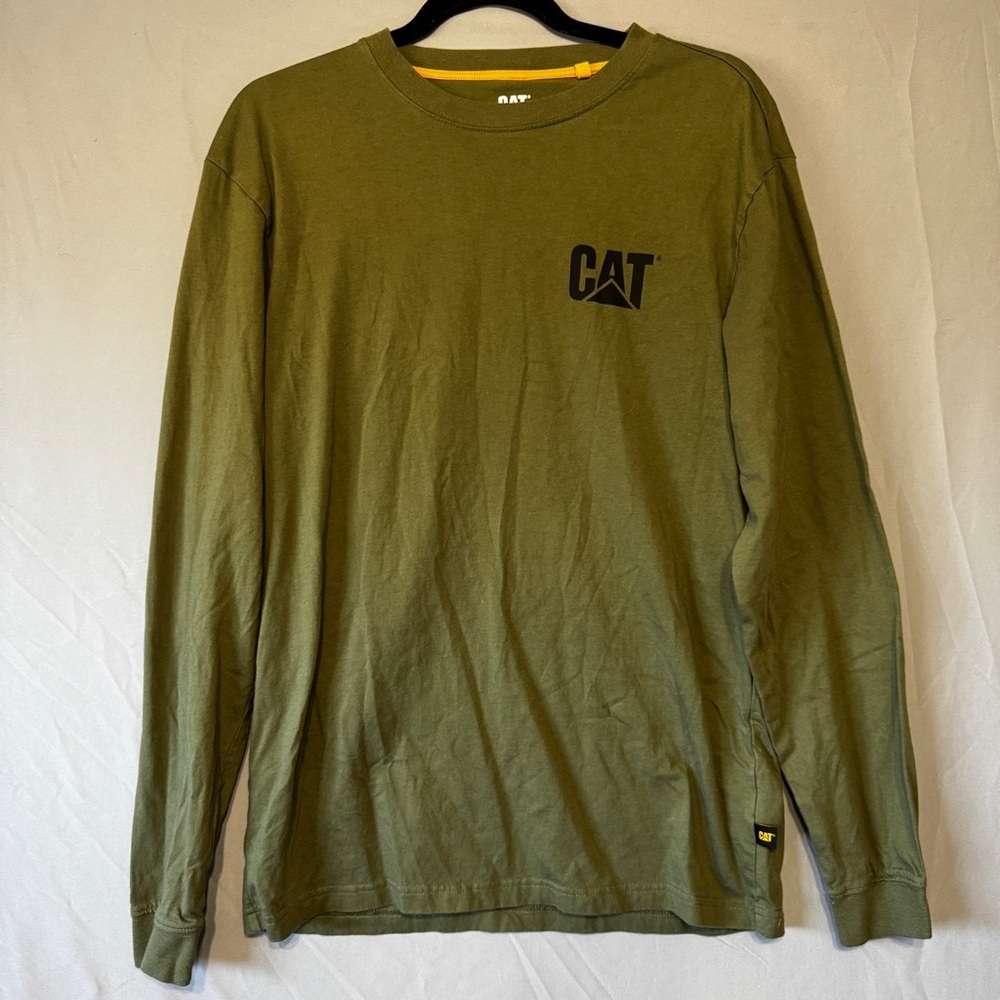 CAT Mens Small Long Sleeve Cotton Tee Olive Green Logo Workwear Casual Layers